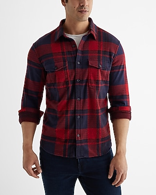 Big & Tall Plaid Double Pocket Sweater Flannel Shirt Black Men's XXL