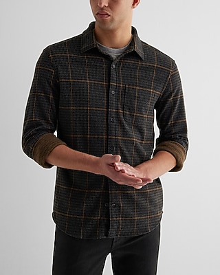 Houndstooth Plaid Sweater Flannel Shirt Gray Men's M