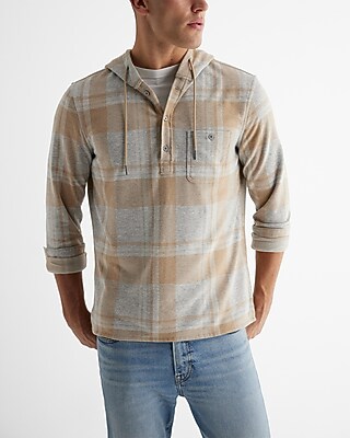 Gray Plaid Hooded Popover Sweater Flannel