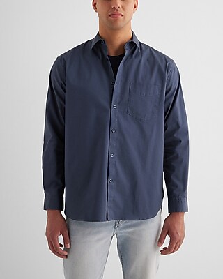 Relaxed Single Pocket Stretch Cotton Shirt Blue Men's XL Tall