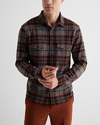 Plaid Double Pocket Sweater Flannel Shirt Brown Men's XXL Tall