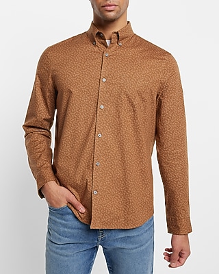 Floral Print Stretch Cotton Shirt Brown Men's L