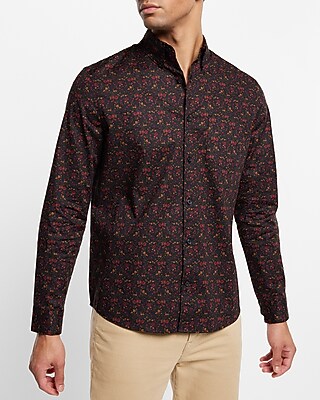 Floral Print Stretch Cotton Shirt Black Men's XL Tall