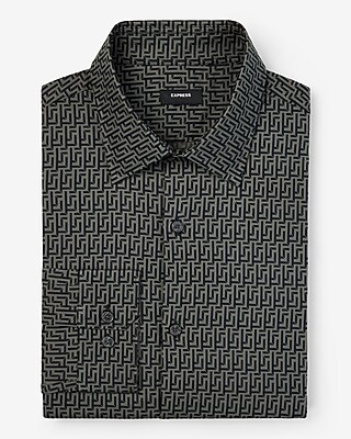 Extra Slim Maze Geo Print Stretch 1Mx Dress Shirt Gray Men's XL Tall