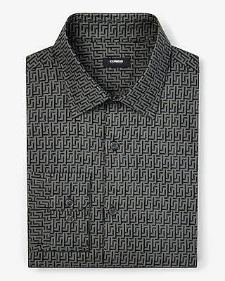 Classic Maze Geo Print Stretch 1Mx Dress Shirt Gray Men's M