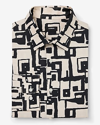 Slim Abstract Maze Square Print Stretch 1Mx Shirt Neutral Men's XS