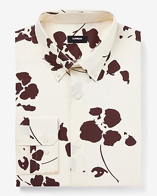 Slim Abstract Graphic Floral Stretch 1Mx Dress Shirt White Men's XS