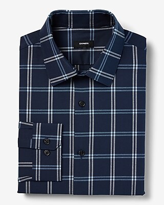 Slim Grid Plaid Stretch 1Mx Dress Shirt Blue Men's L Tall