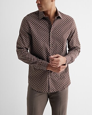 Slim Geo Print Stretch 1Mx Dress Shirt Brown Men's L Tall