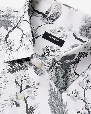 Slim Floral Bird Print Stretch 1Mx Dress Shirt White Men's XL Tall