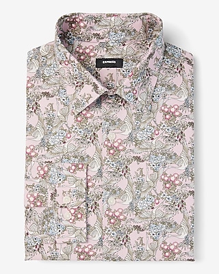 Extra Slim Floral Crane Print Stretch 1Mx Dress Shirt Pink Men's XL