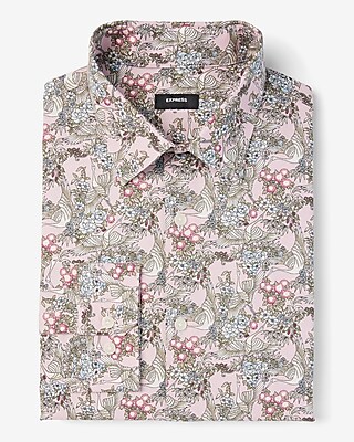 Extra Slim Floral Crane Print Stretch 1Mx Dress Shirt Pink Men's XL Tall