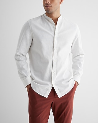 Slim Solid Stretch Linen Banded Collar 1Mx Dress Shirt White Men's XL