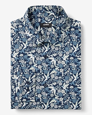 Slim Floral Bird Print Stretch 1Mx Dress Shirt Blue Men's XL Tall