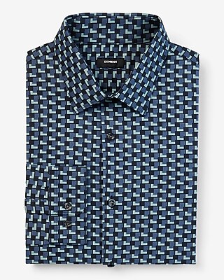 Extra Slim Geo Print Stretch 1Mx Dress Shirt Blue Men's XXL Tall