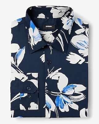 Big & Tall Extra Slim Painted Floral Stretch 1Mx Dress Shirt Blue Men's XXL