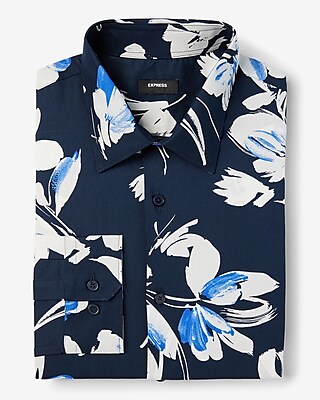 Slim Painted Floral Stretch 1Mx Dress Shirt Blue Men's