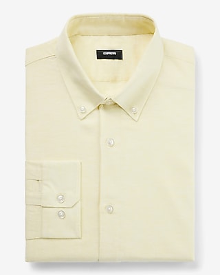 Slim Solid Linen-Cotton Blend Stretch 1Mx Dress Shirt Yellow Men's XS