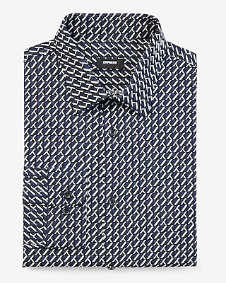 Classic Geo Print Stretch 1Mx Dress Shirt Blue Men's XS