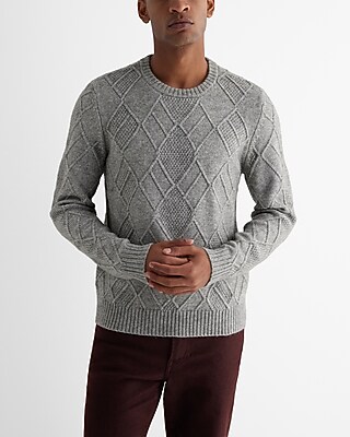 Diamond Cable Knit Crew Neck Sweater Gray Men's S