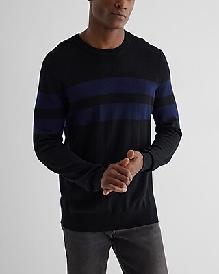 Striped Crew Neck Merino Wool Sweater Black Men's XL