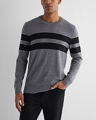 Striped Crew Neck Merino Wool Sweater Gray Men's S