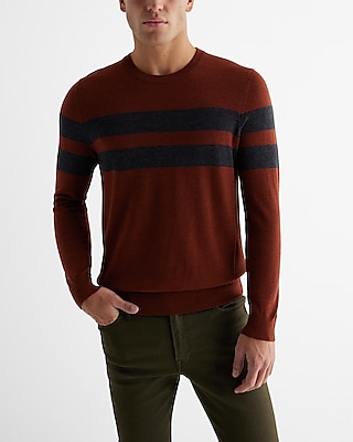 Striped Crew Neck Merino Wool Sweater Brown Men's M