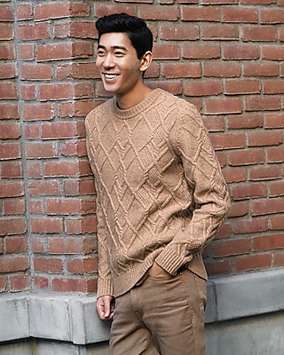 Wool-Blend Cable Knit Crew Neck Sweater