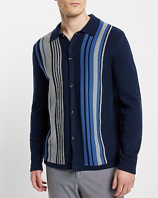 Navy Striped Button Down Sweater Polo