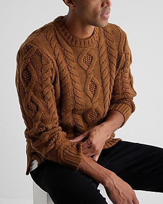 Cotton-Blend Cable Knit Sweater Brown Men's XXL Tall