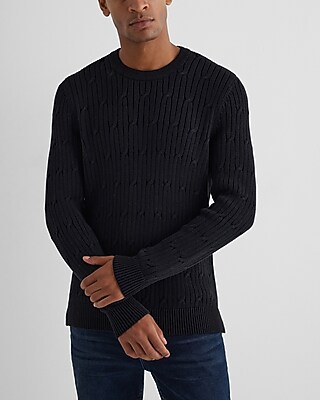 Cable Knit Crew Neck Cotton Sweater Black Men's XS
