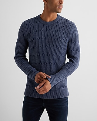 Cable Knit Crew Neck Cotton Sweater Blue Men's M