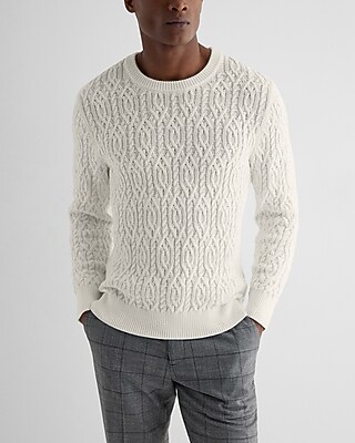 Cable Knit Cotton Crew Neck Sweater Neutral Men's XL Tall