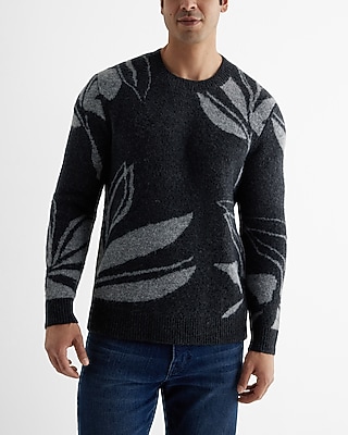 Textured Leaf Print Crew Neck Sweater Gray Men's L Tall