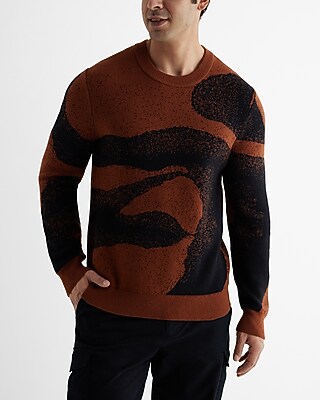 Abstract Cotton Jacquard Crew Neck Sweater  Brown Men's L