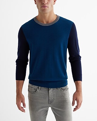 Color Block Crew Neck Merino Wool Sweater Gray Men's XS