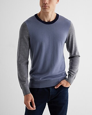 Color Block Crew Neck Merino Wool Sweater Blue Men's XXL Tall
