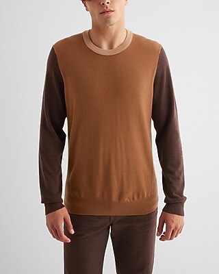 Color Block Crew Neck Merino Wool Sweater Brown Men's M