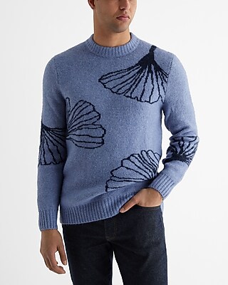 Big & Tall Textured Leaf Print Crew Neck Sweater Blue Men's XXL