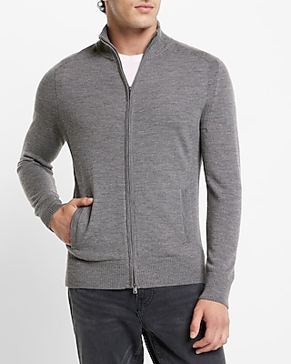 Solid Merino Wool Full Zip Mock Neck Sweater