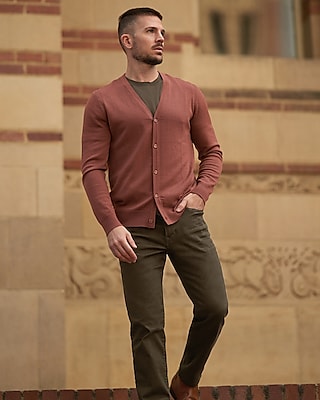 Y-Neck Merino Cardigan Pink Men's L Tall