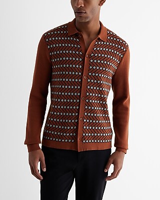 Herringbone Geo Cotton Long Sleeve Sweater Polo Brown Men's L