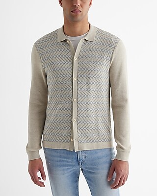 Herringbone Geo Cotton Long Sleeve Sweater Polo Neutral Men's XL