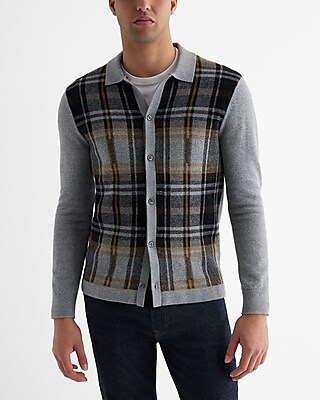 Plaid Cotton-Blend Long Sleeve Sweater Polo
