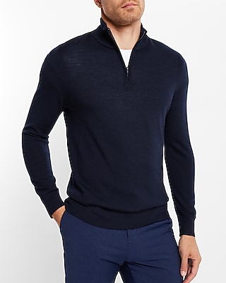 Merino Wool Quarter Zip Mock Neck Sweater Blue Men's S