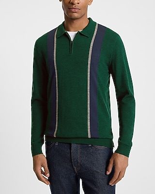 Express Men's Striped Merino Wool Long Sleeve Sweater Polo in Green Jewel