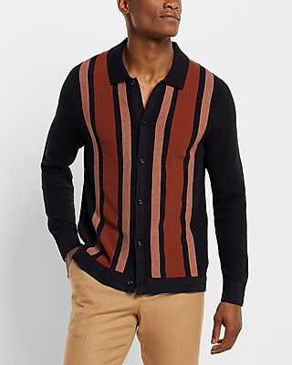 Striped Button Down Sweater Polo Black Men's M Tall