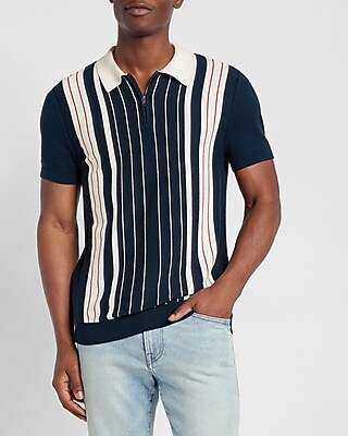 Vertical Striped Short Sleeve Cotton Polo Sweater