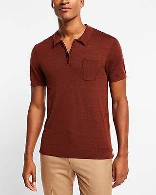 Big & Tall Merino Wool Short Sleeve Zip Polo Sweater Brown Men's XXL