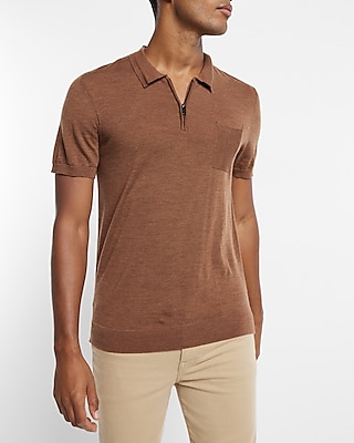 Merino Wool Short Sleeve Zip Polo Sweater Brown Men's XL